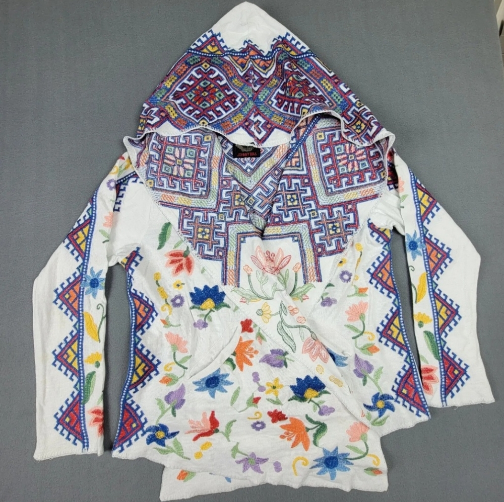 Johnny Was Biya Kimono Womens Large White Floral Embroidery Boho Cardigan Hooded